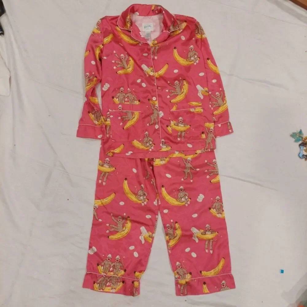 NICK & NORA Girl's PInk Sock Monkey Satin Pajama Size Medium (7-8) EUC